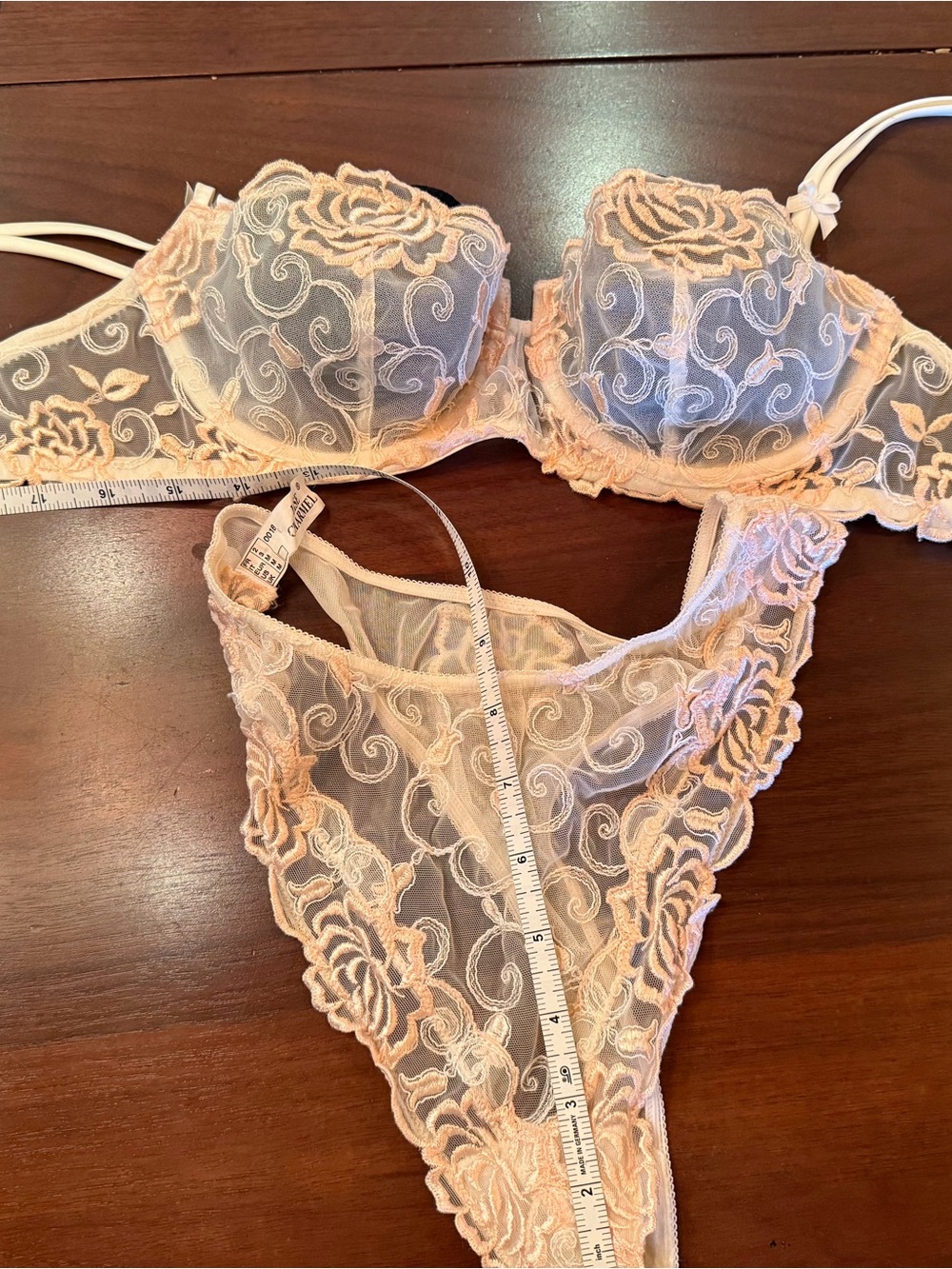 Lise Charmel French Sheer Floral Lace Bra & Thong Set in Peach 34C